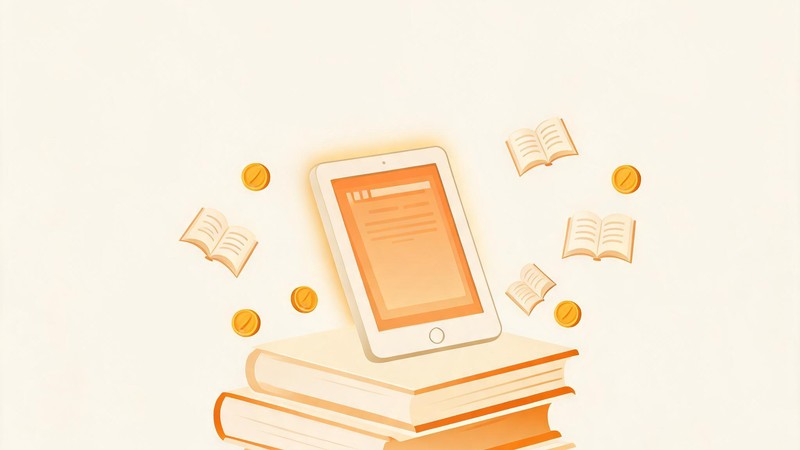 Illustration of books and an e-reader for Kindle royalty calculation